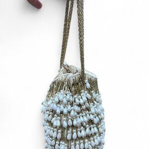 BY ANTHROPOLOGIE Pearl Fringe Bucket Bag In White Gold Glam Elegant mini handbag
